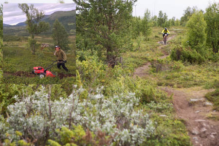 ET ARGUMENT FOR Å KJØRE SNØSKUTER? Sykkelentusiaster brukte jordfreser (innfelt bilde) for å ordne 500 meter sti på det populære sykkelfjellet Rauhovden (hovedbildet) i Oppdal. Det brukes som argument for å åpne opp for mer snøskuterkjøring i bygda. Foto: Terje Nylende/ Tore Meirik