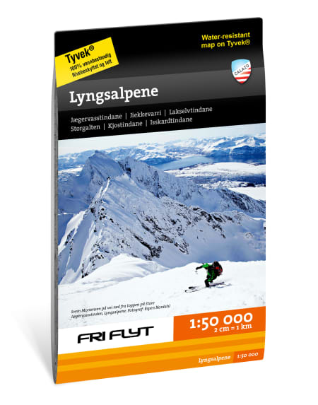 Kart for Lyngsalpene og Lyngen 1:50.000 fra Fri Flyt og Calazo. Med inntegnede ruter fra Espen Nordahl sin bok Toppturer i Troms!