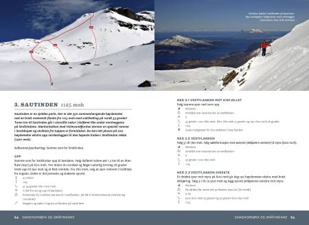 FRA BOKA: Eksempel på oppslag fra Boka, her fra Sautinden. Alle turene i boka er beskrevet med ruteinntegninger på flyfotografier.