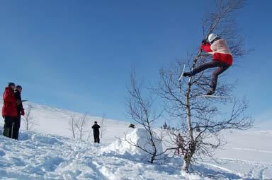 TEKNISK KREVENDE: I skitrehopping er det om å gjøre å hoppe høyest, derfor gjelder det å klamre seg fast til buska, inntil dommerne har målt høyden.