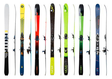 SKITEST: Vi har testet 7 lette toppturski. Fra venstre: Black Diamond Helio Recon 88, Blizzard Zero G 85, Hagan Core 89, Movement Session 89, Movement Vertex 84, Hagan Core 84 og Dynastar Vertical Pro.