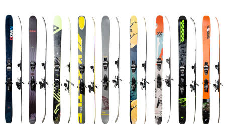 SKITEST AV PUDDERSKI: Vi har testet følgende ski (fra venstre): Down Countdown 114 LTD, DPS Koala, Fischer Ranger 115 FR, Kästle FX 116, Line Outline, SGN Tunnelvisjon, Völkl Revolt 121, K2 Pontoon og K2 Mindbender 116c.
