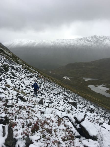 På rundt 800 moh, der de møtte på snøen. Foto: Andreas Strand Helland