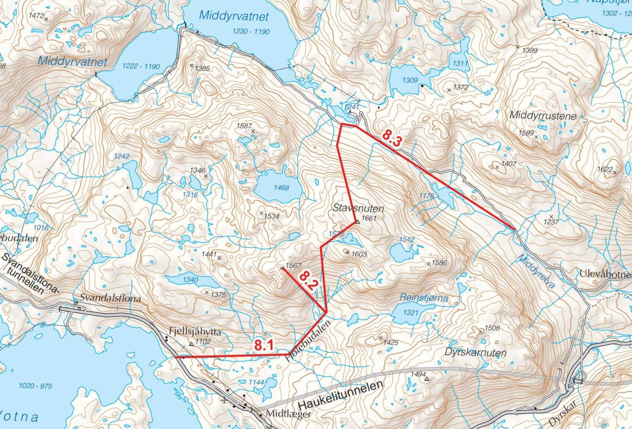Kart over Stavsnuten med inntegnet rute. Fra Toppturer i Sørvest.