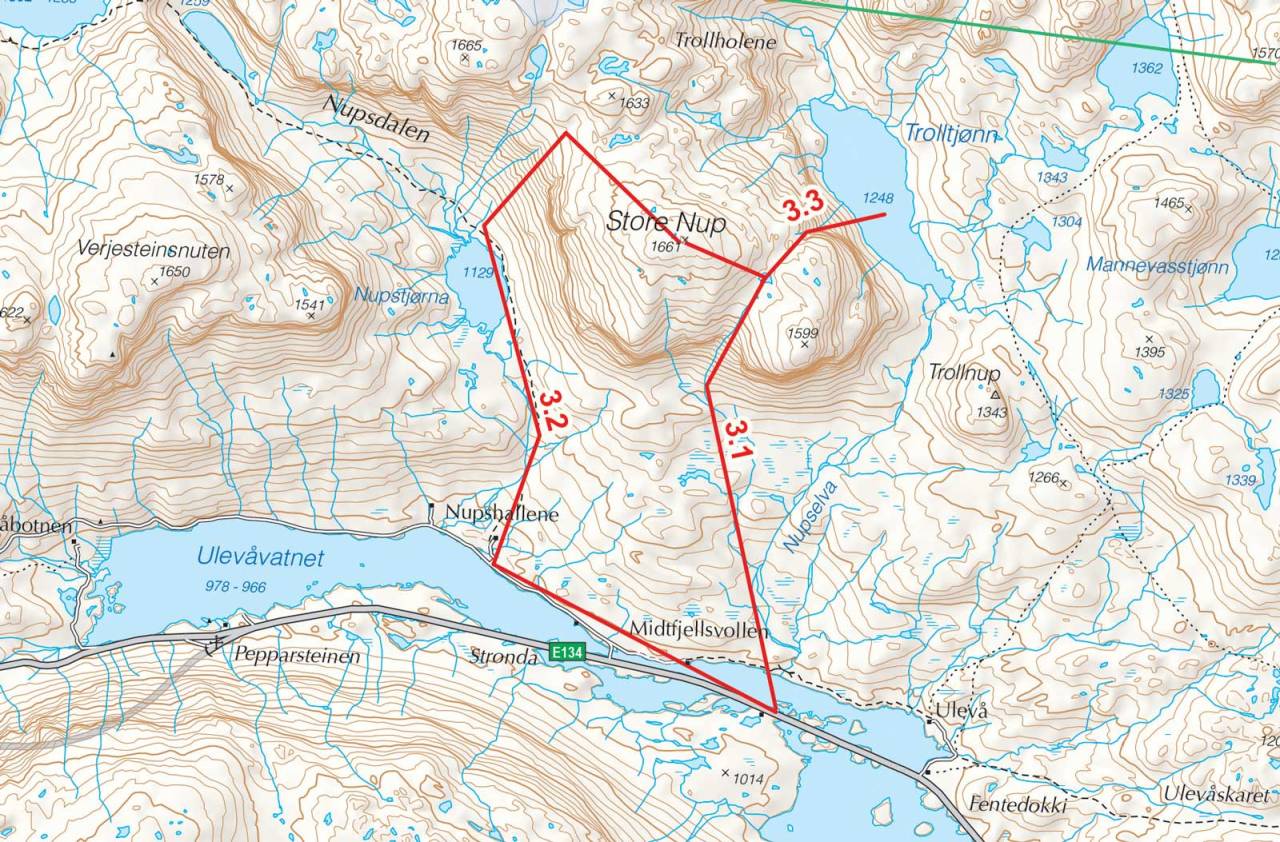 Kart over Store Nup med inntegnet rute. Fra Toppturer i Sørvest.