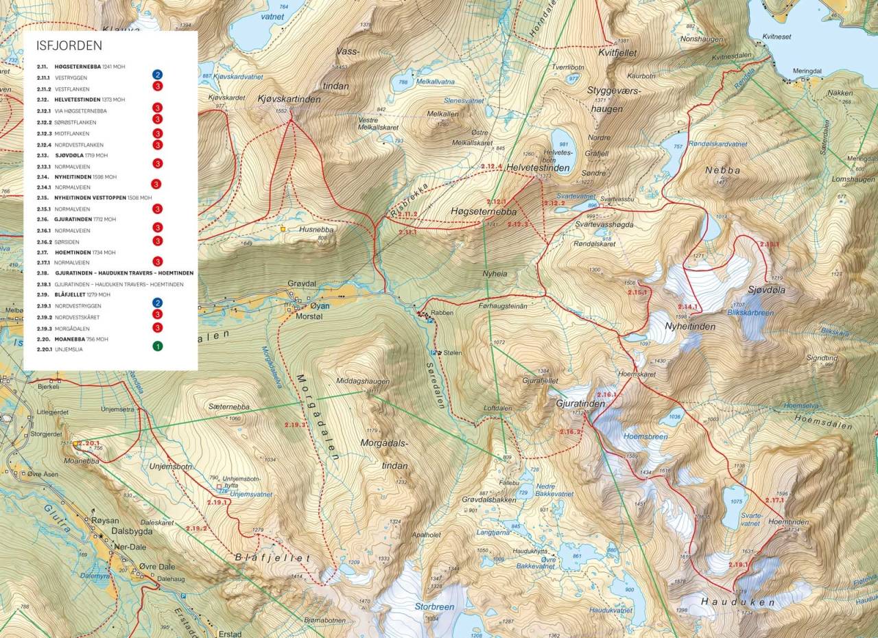 Oversiktskart med inntegnet rute. Fra Toppturer i Romsdalen