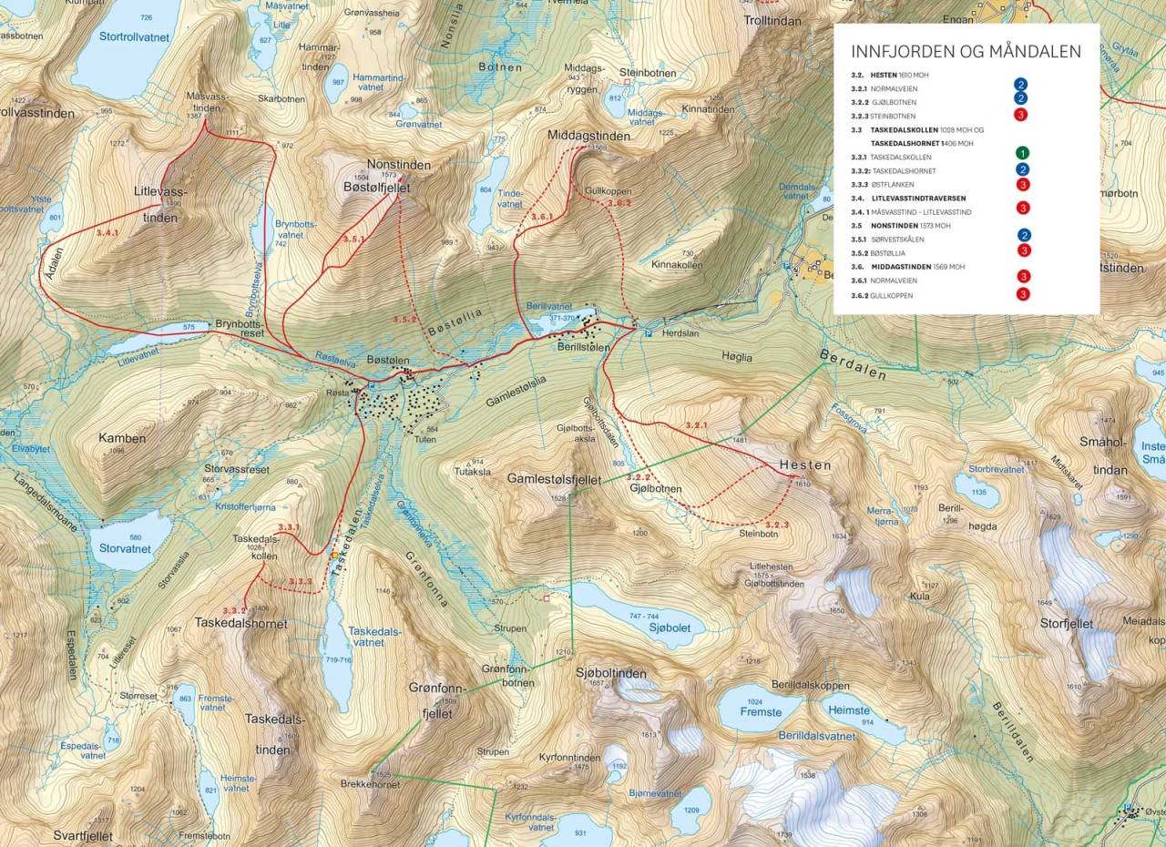 Oversiktskart med innregnet rute. Fra Toppturer i Romsdalen