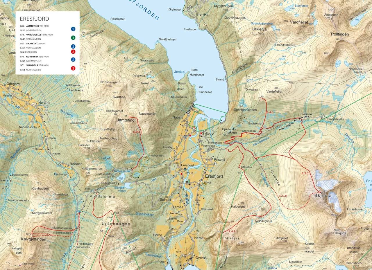 Oversiktskart med inntegnet rute. Fra Toppturer i Romsdalen