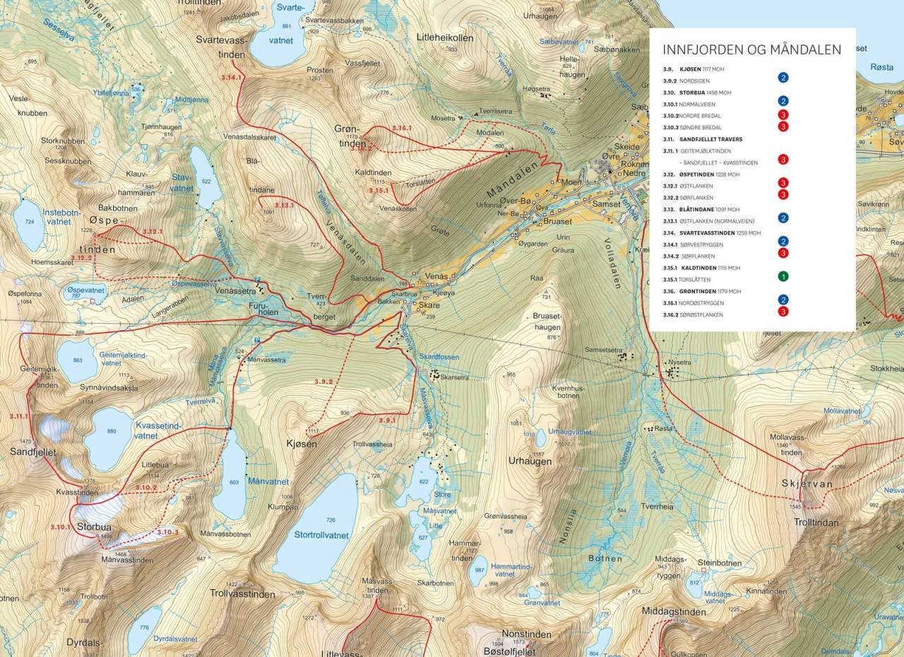 Oversiktakart med inntegnet rute. Fra Toppturer i Romsdalen