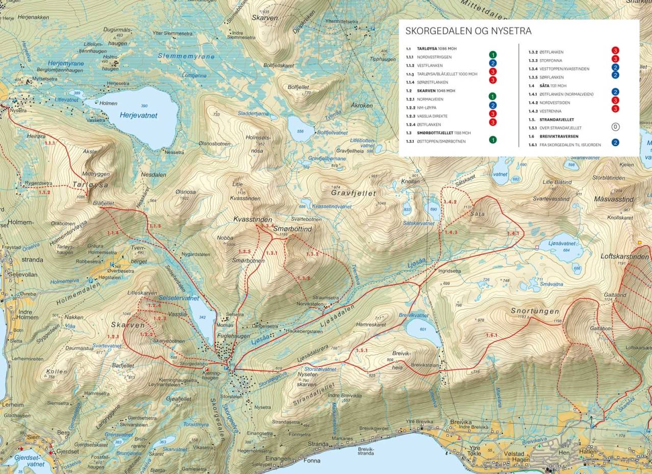 Oversiktskart med inntegnet rute. Fra Toppturer i Romsdalen.