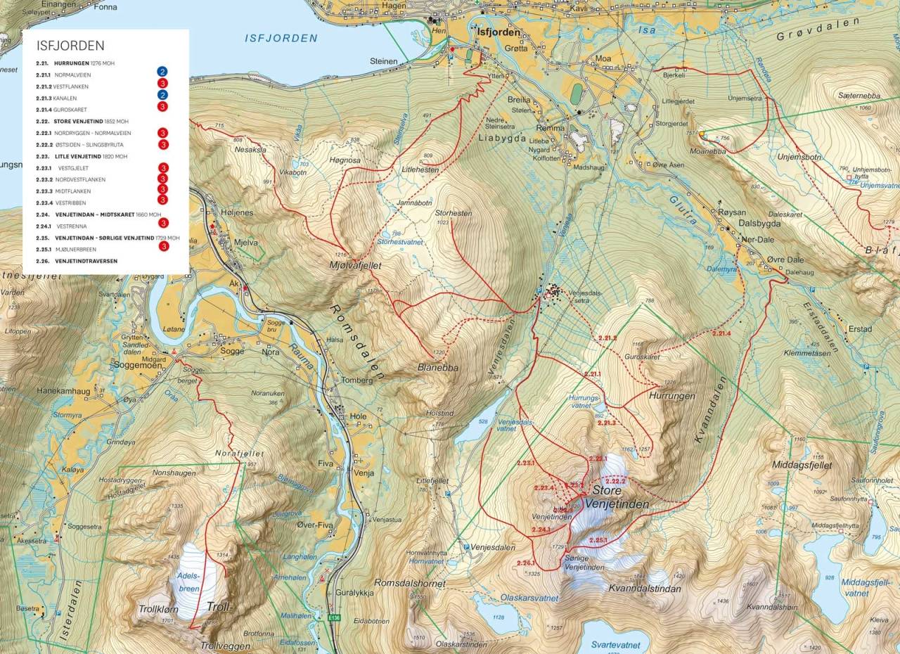 Oversiktskart med inntegnet rute. Fra Toppturer i Romsdalen