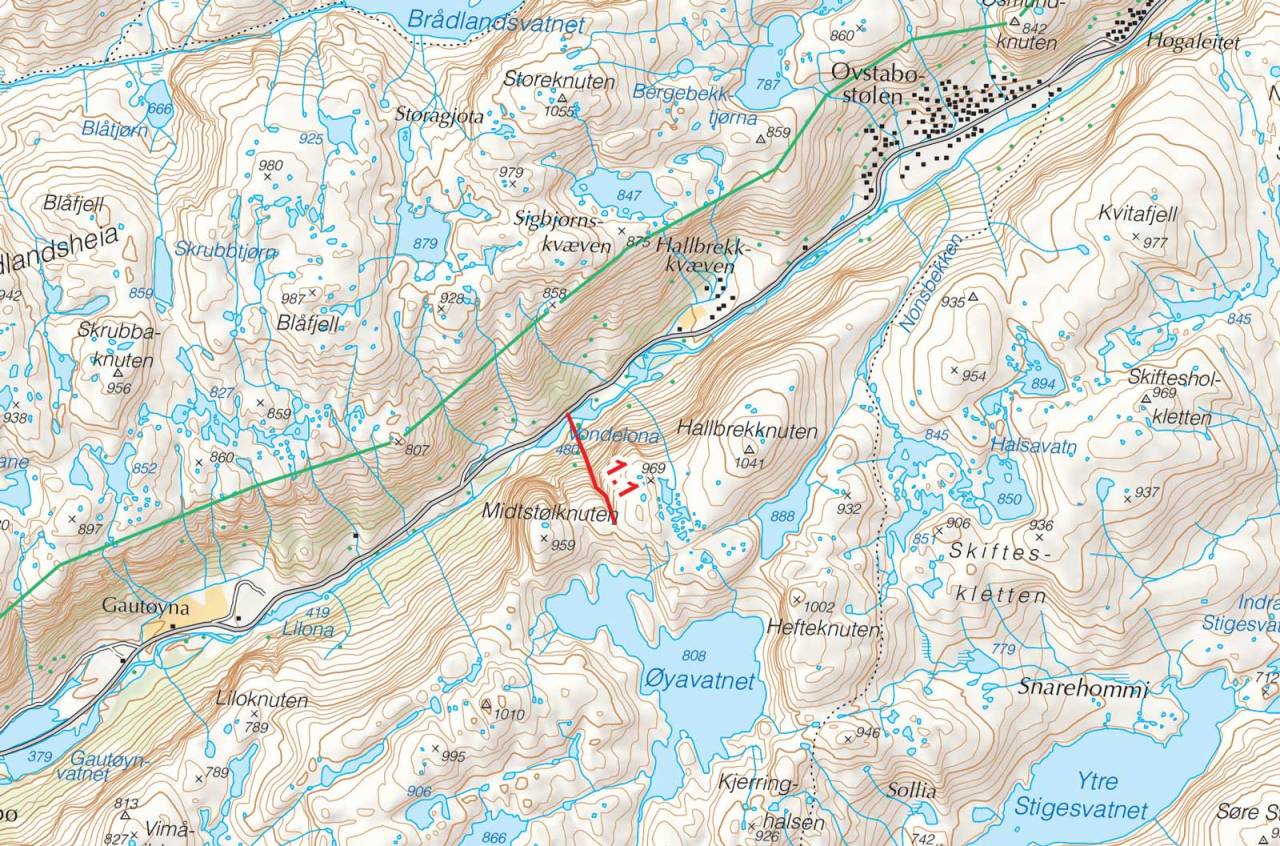 Kart over Midstølknuten med inntegnet rute. Fra Toppturer i Sørvest.