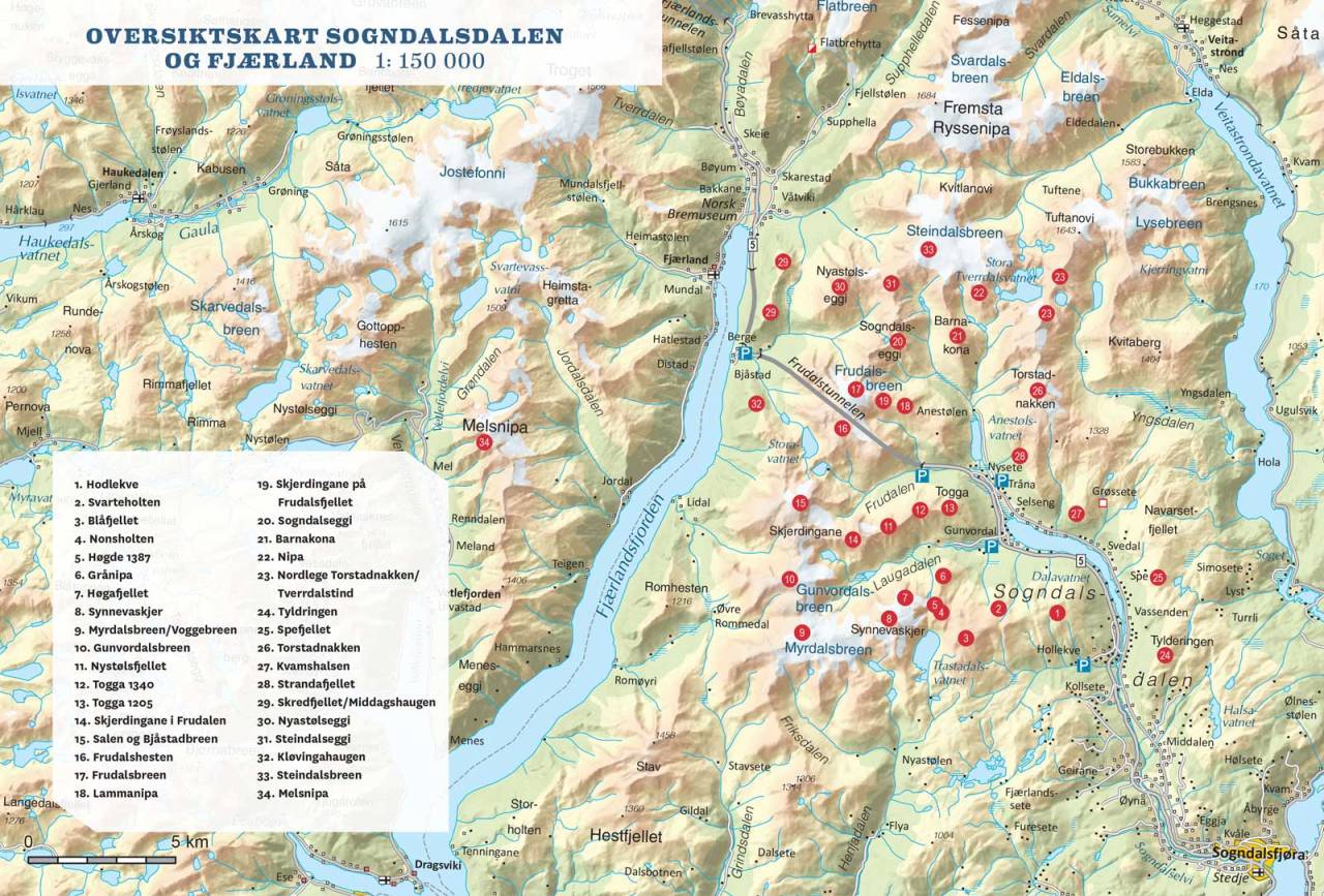 Oversiktskart i Sogndalsdalen og Fjærland. Frå Toppturar i Sogn.