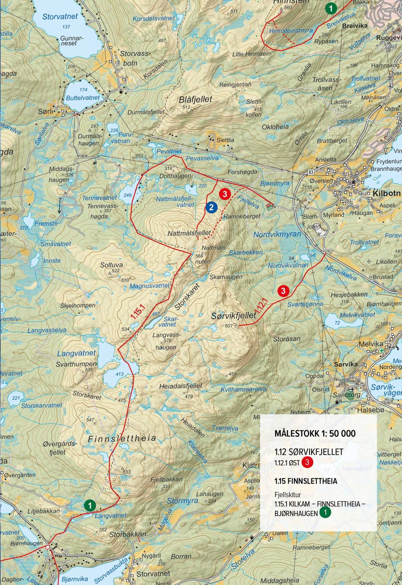 Oversiktskart med inntegnet rute. Fra Toppturer rundt Harstad