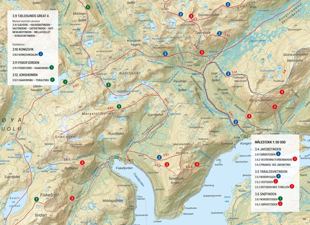 Oversiktskart med inntegnet rute. Fra Toppturer rundt Harstad