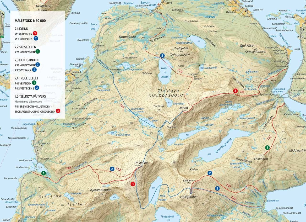 Oversiktskart med inntegnet rute. Fra Toppturer rundt Harstad