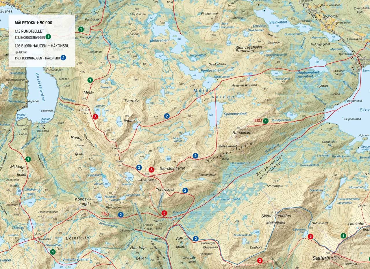 Oversikstkart med inntegnet rute. Fra Toppturer rundt Harstad