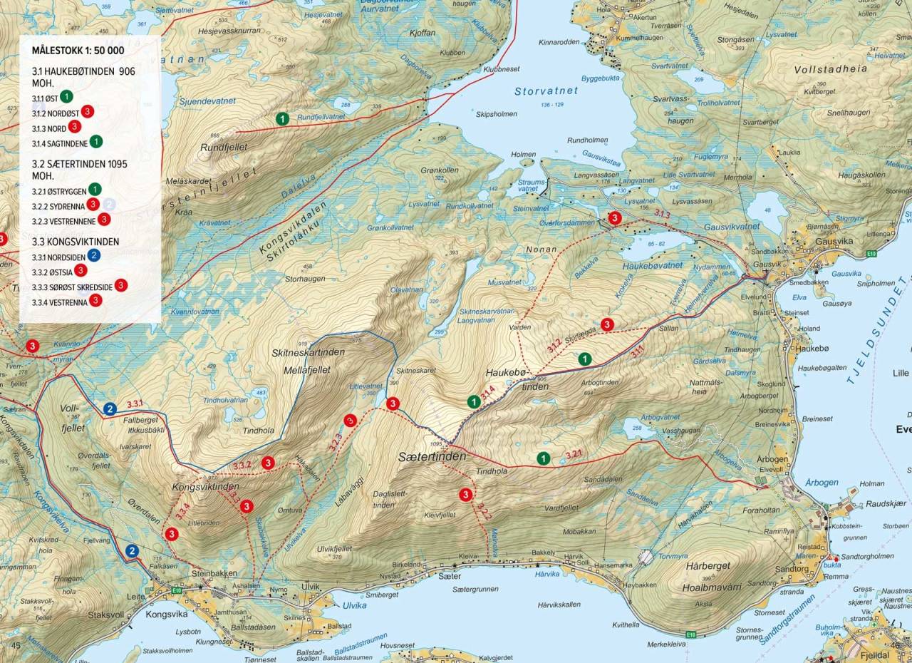 Oversiktskart med inntegnet rute. Fra Toppturer rundt Harstad
