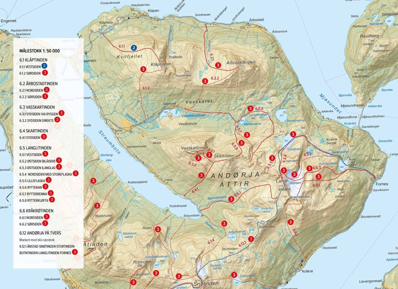 Oversiktskart med inntegnet rute. Fra Toppturer rundt Harstad