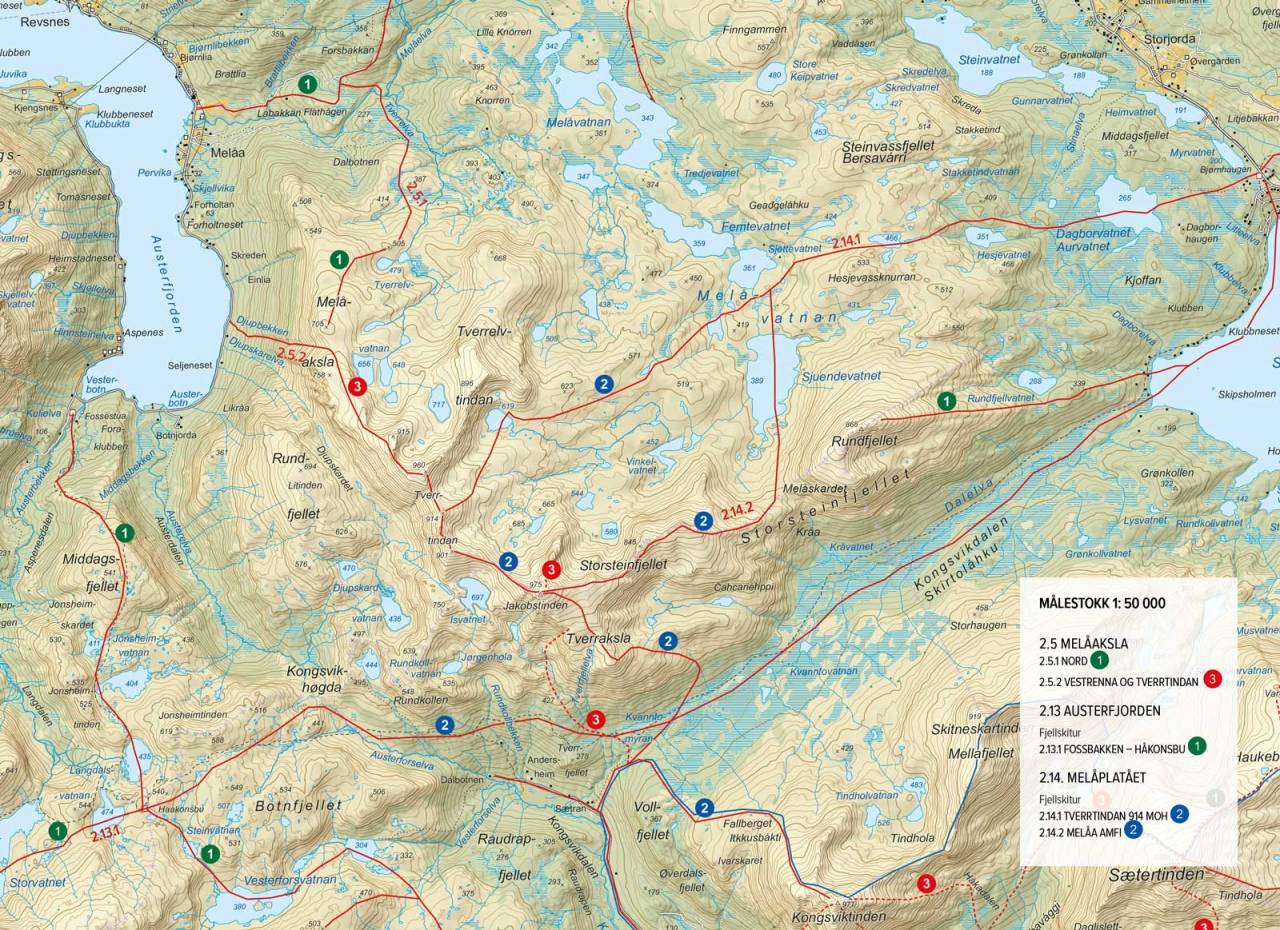 Oversiktskart med inntegnet rute. Fra Toppturer rundt Harstad