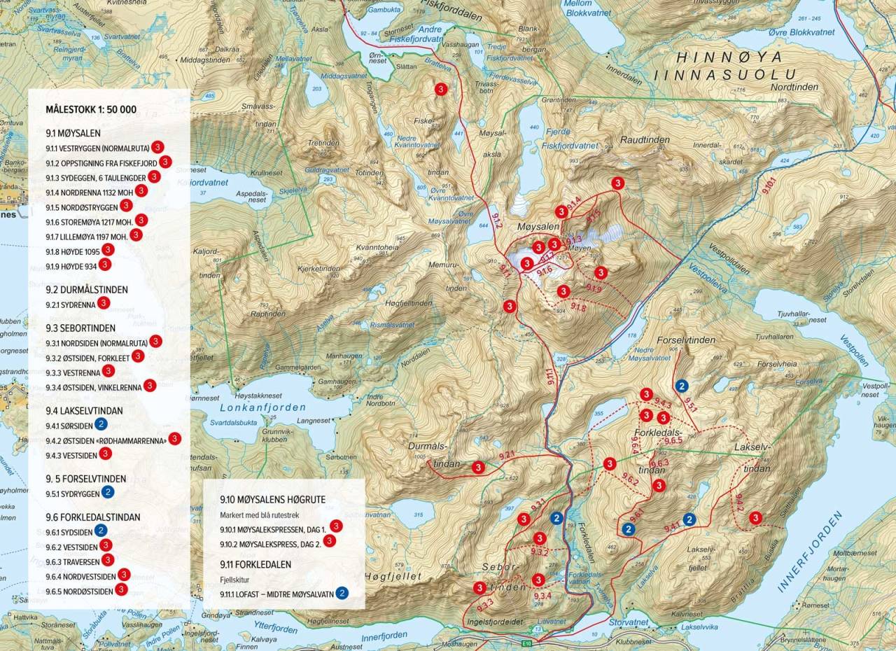 Oversiktskart med inntegnet rute. Fra Toppturer rundt Harstad