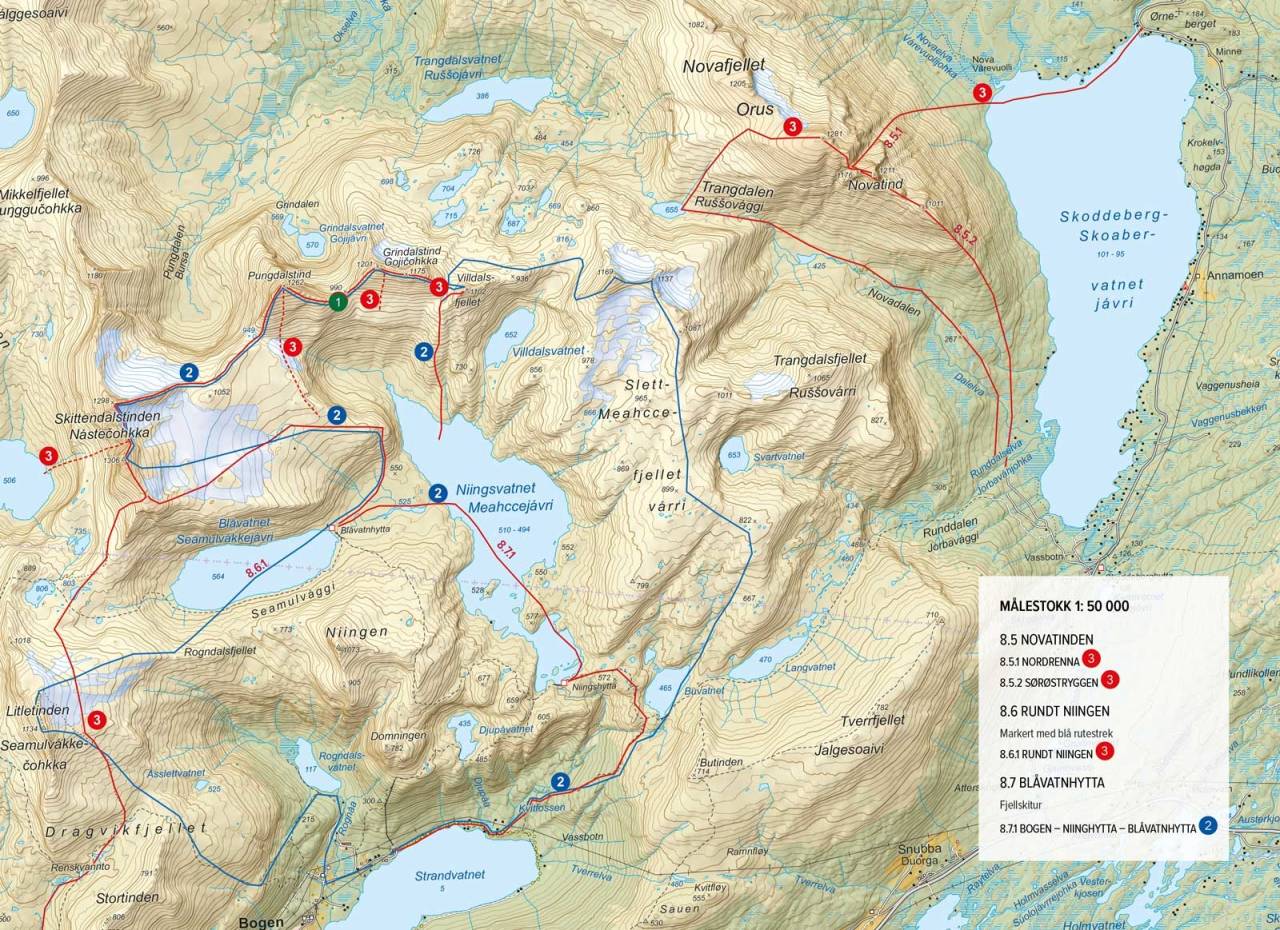 Oversiktskart med inntegnet rute. Fra Toppturer rundt Harstad