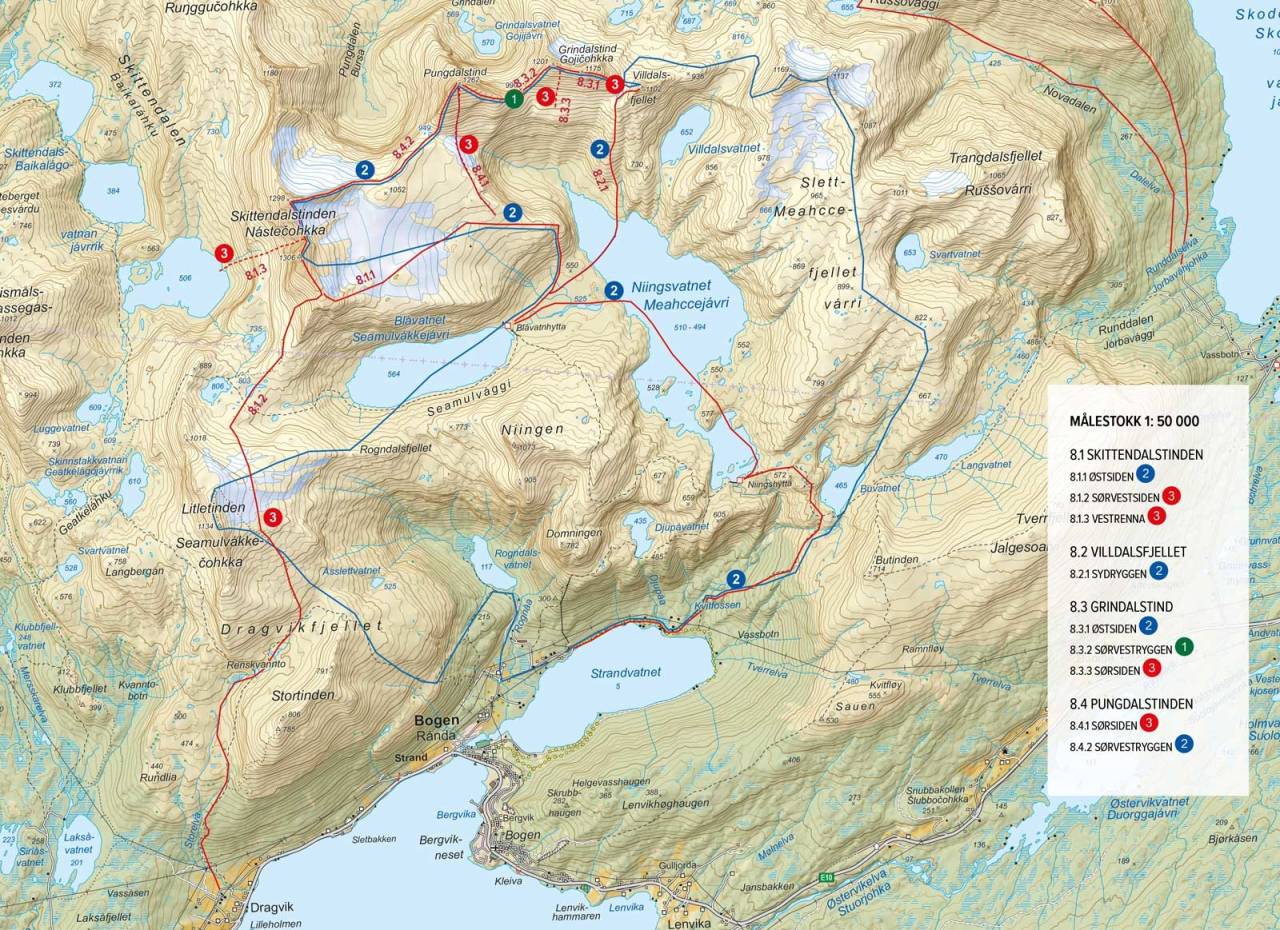 Oversiktskart med inntegnet rute. Fra Toppturer rundt Harstad