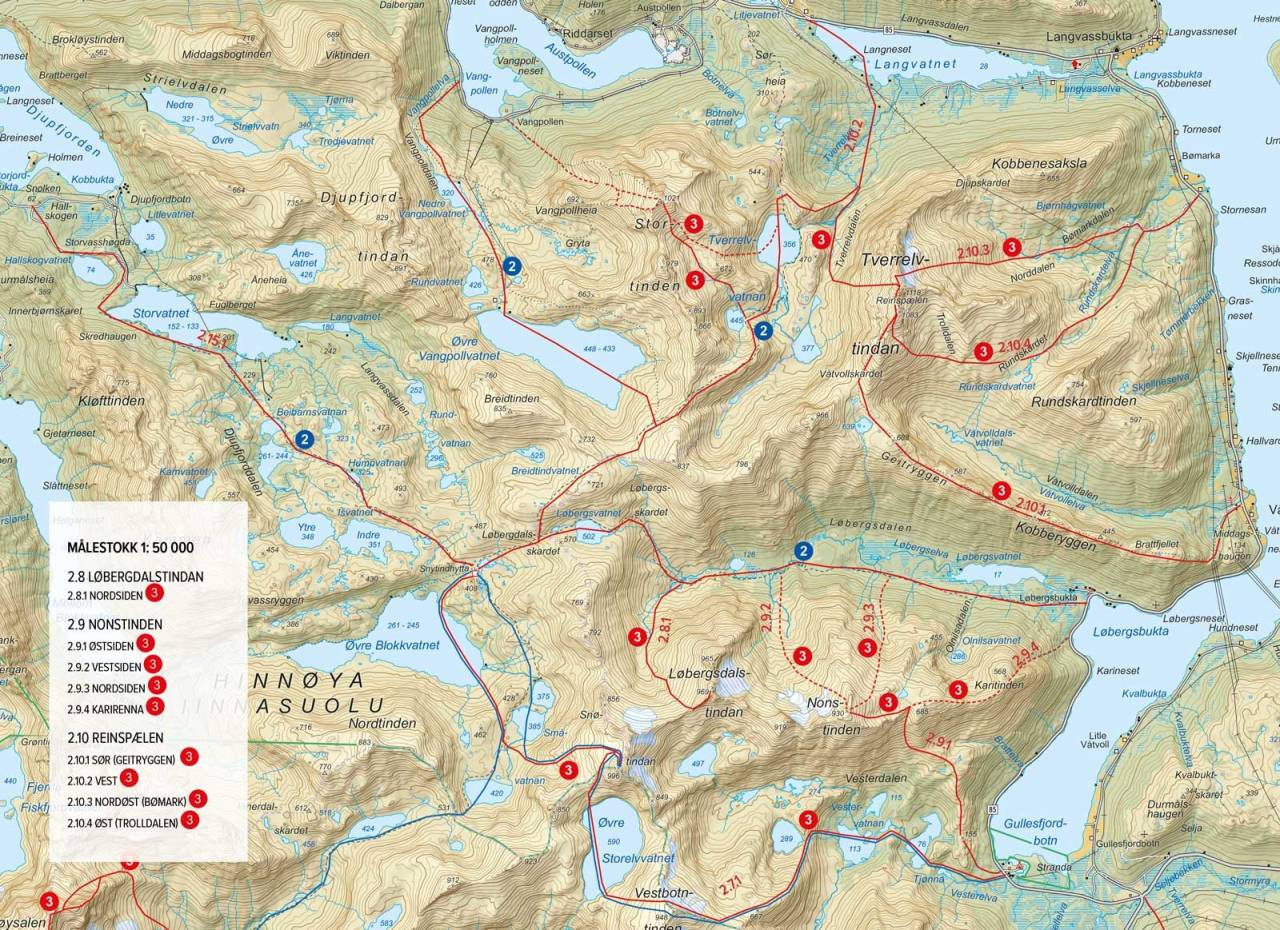 Oversiktskart med inntegnet rute. Fra Toppturer rundt Harstad