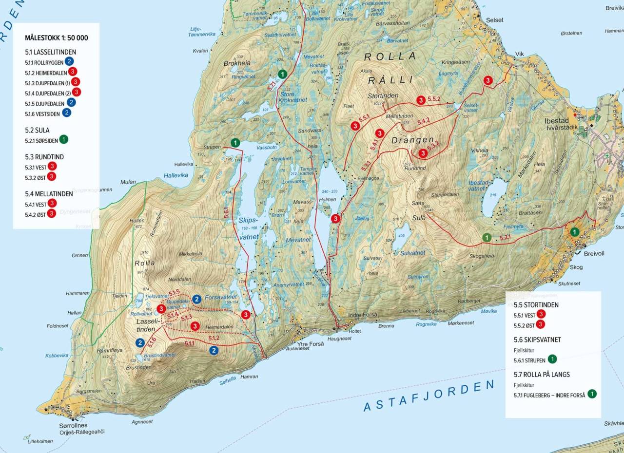 Oversiktskart med inntegnet rute. Fra Toppturer rundt Harstad