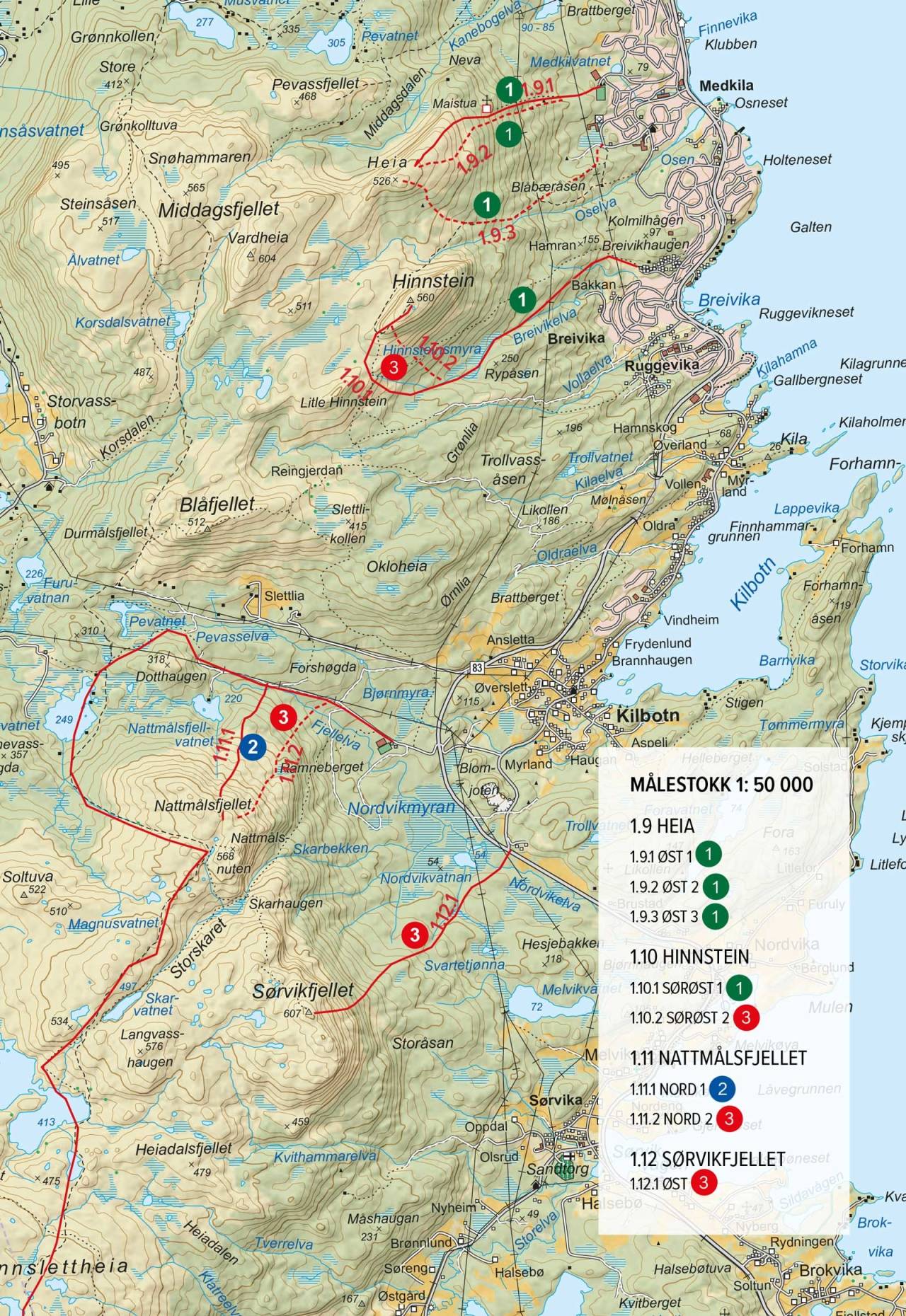 Oversiktskart med inntegnet rute. Fra Toppturer rundt Harstad