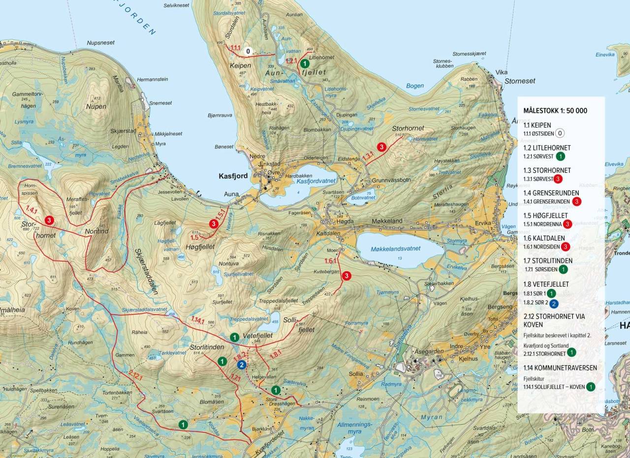 Oversiktskart med inntegnet rute. Fra Toppturer rundt Harstad