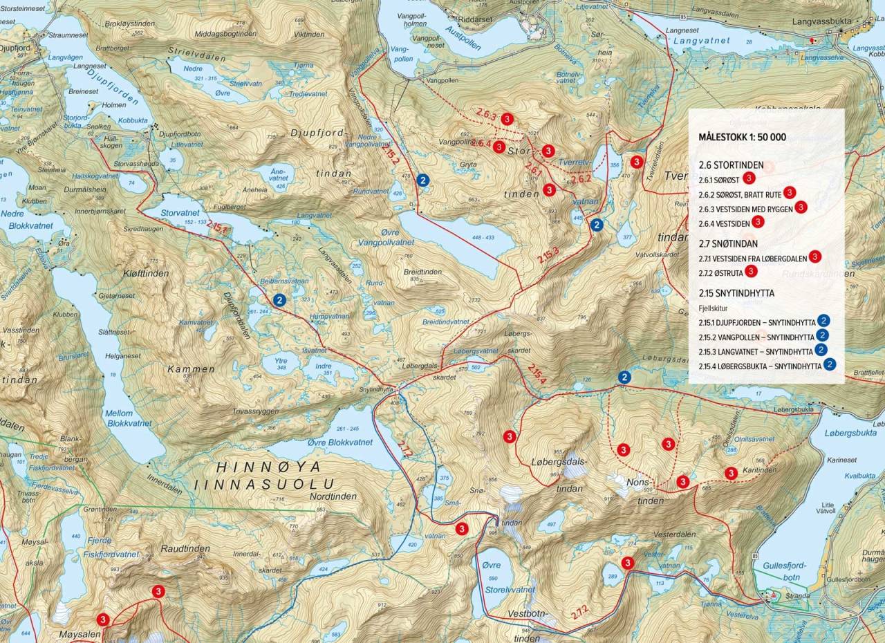 Oversiktskart med inntegnet rute. Fra Toppturer i Harstad