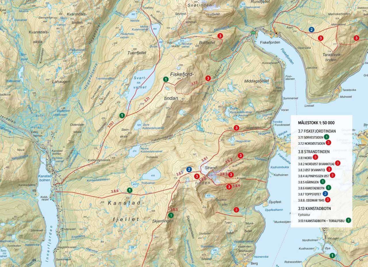 Oversiktskart med inntegenet rute. Fra Toppturer rundt Harstad