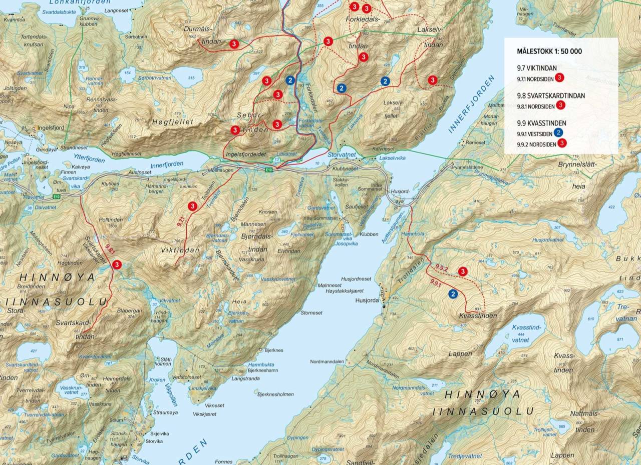 Oversiktskart med inntegnet rute. Fra Toppturer rundt Harstad