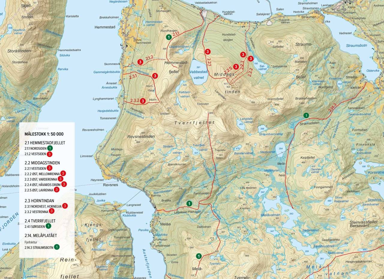 Oversiktskart med inntegnet rute. Fra Toppturer rundt Harstad