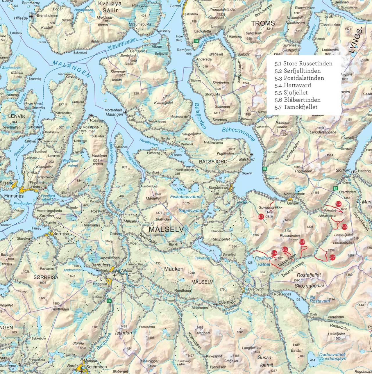 Oversiktskart over Balsdjorden og Tamokdalen. Fra Toppturer i Troms.
