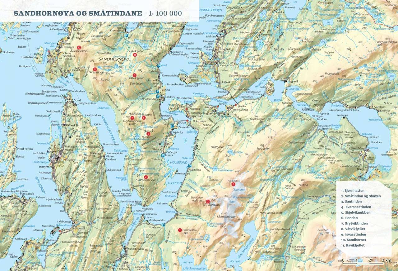 Oversiktskart over Sandhornøya og Småtindan. Fra Toppturer rundt Bodø.