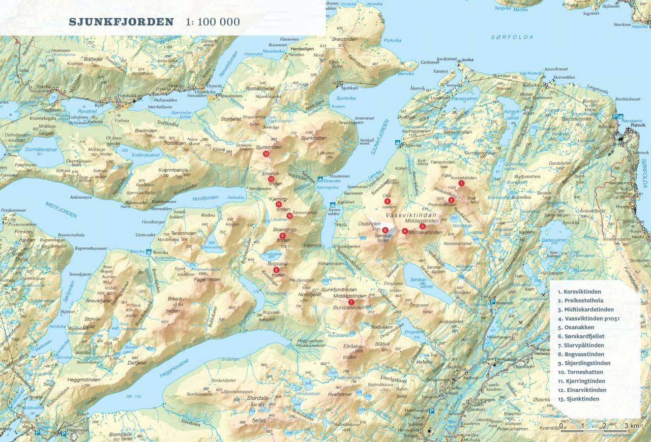 Oversiktskart over Sjunkfjorden. Toppturer rundt Bodø.