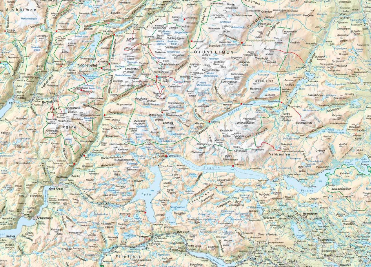 Kart over Jotunheimen og Hurrungane.