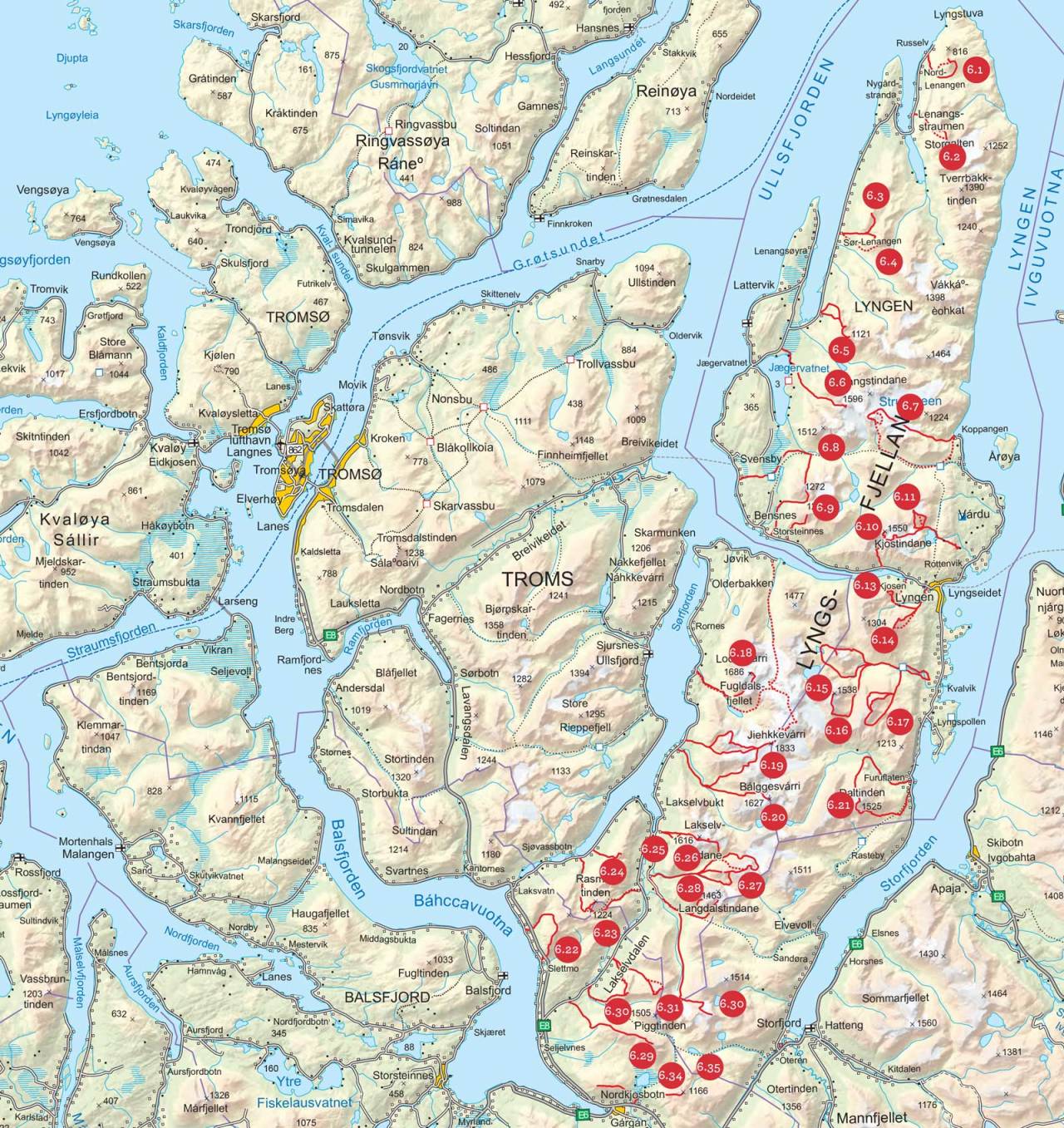 Oversiktskart over Lyngsalpene. Fra Toppturer i Troms.
