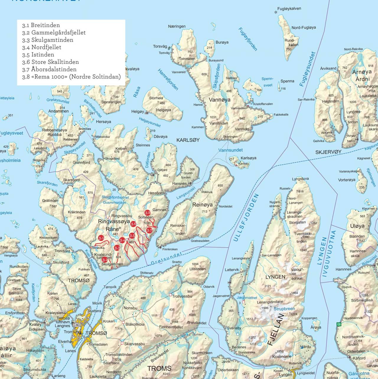Oversiktskart over Ringvassøya. Fra Toppturer i Troms.