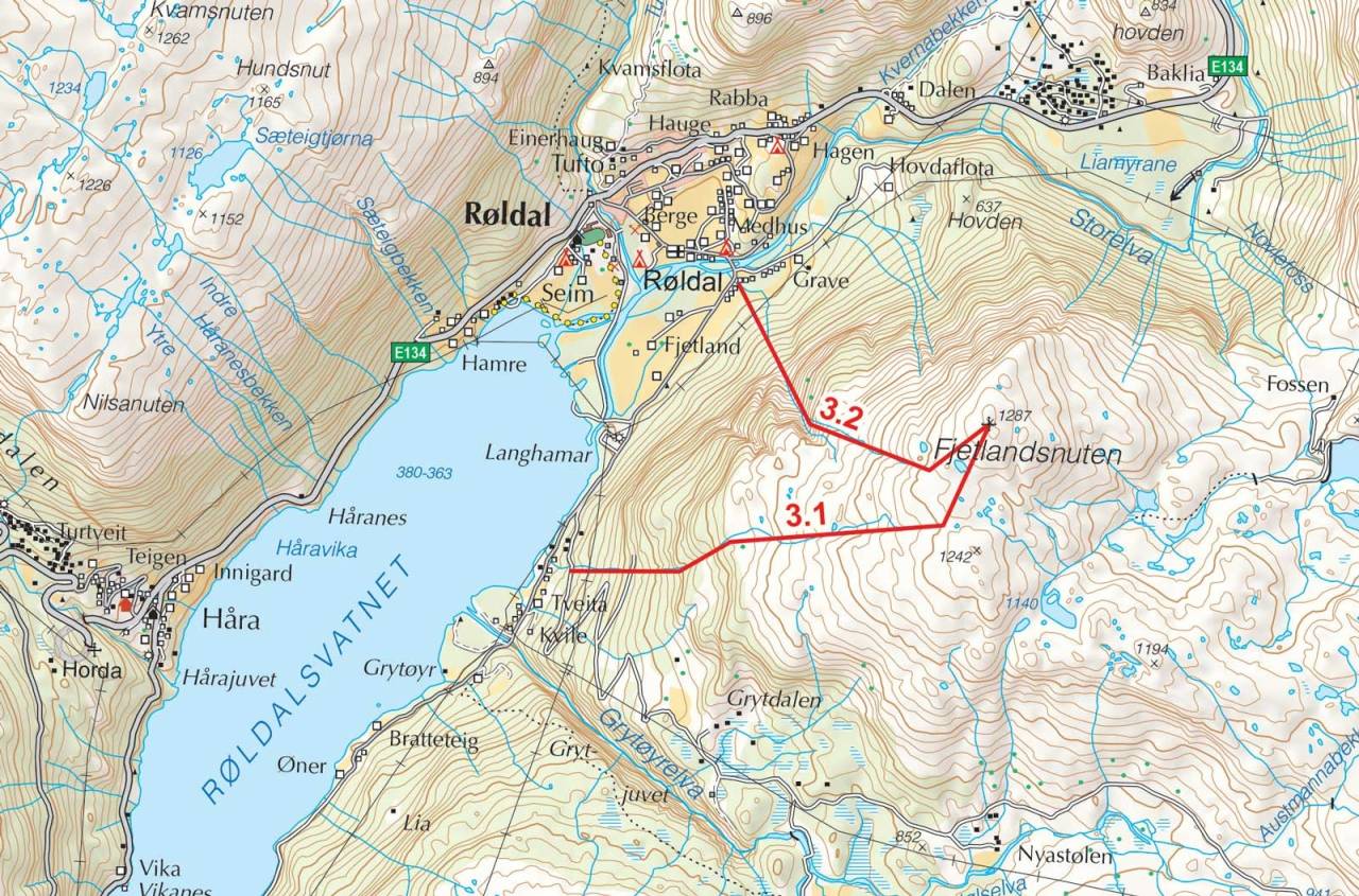 Kart over Fjetlandsnuten med inntegnet rute. Fra Toppturer i Sørvest.