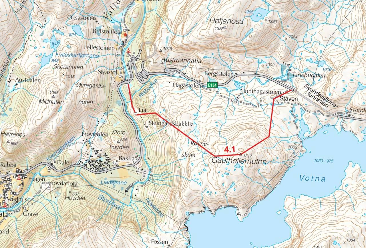 Kart over Gauthellernuten med inntegnet rute. Fra Toppturer i Sørvest