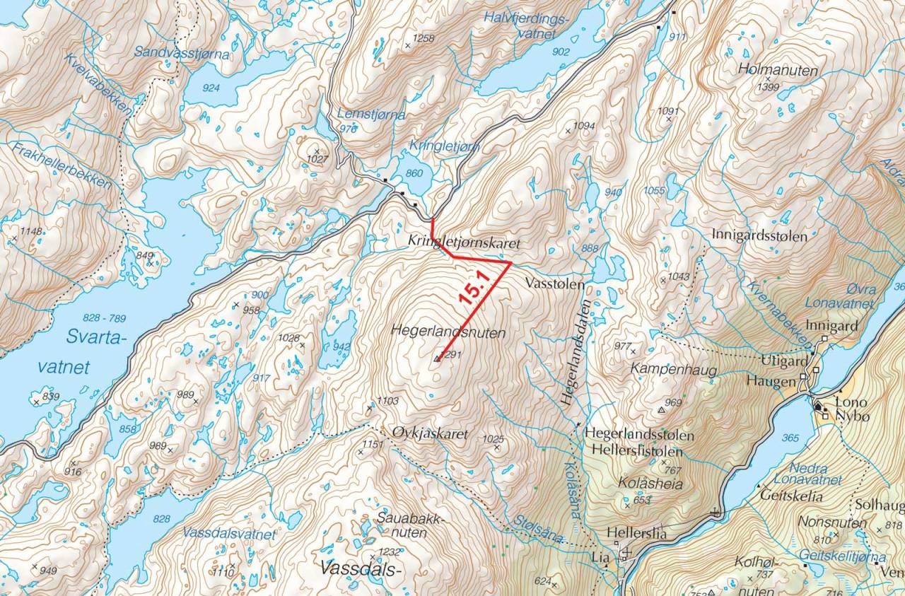 Kart over Hegerlandsnuten med inntegnet rute. Fra Toppturer i Sørvest.