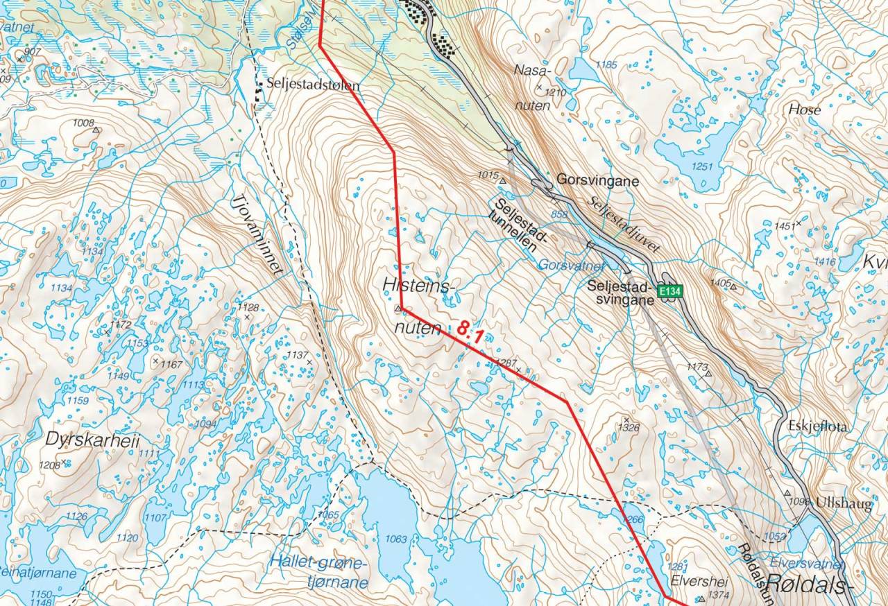 Kart over Histeinsnuten med inntegnet rute. Fra Toppturer i Sørvest.