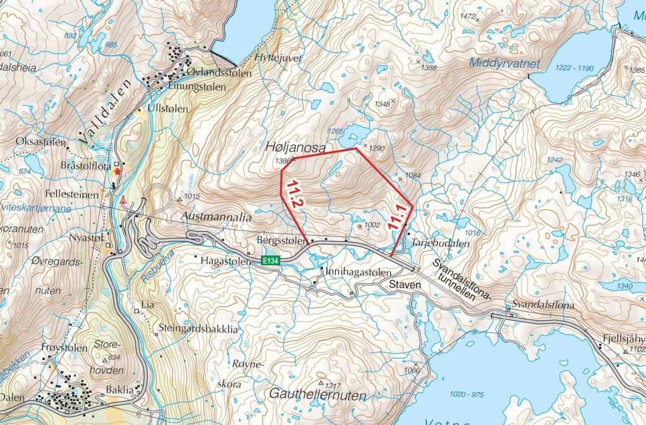 Kart over Høljanosa med inntegnet rute. Fra Toppturer i Sørvest.