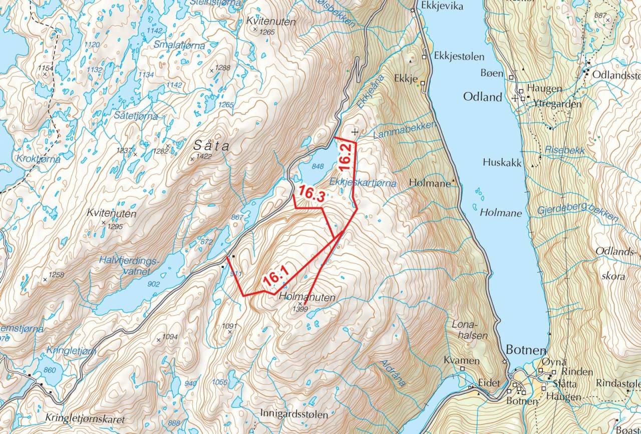 Kart over Holmansnuten med inntegnet rute. Fra Toppturer i Sørvest.