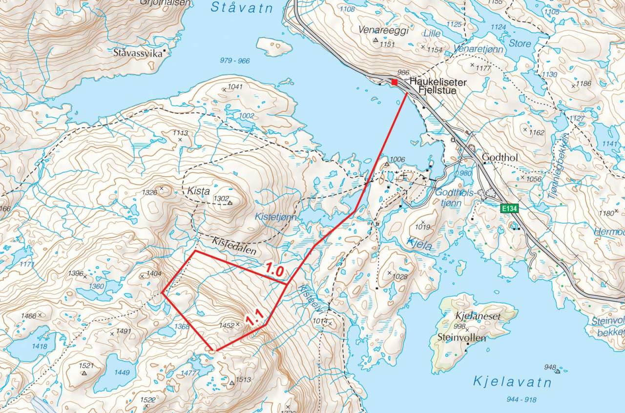 Kart over Kistenuten med inntegnet rute. Fra Toppturer i Sørvest.