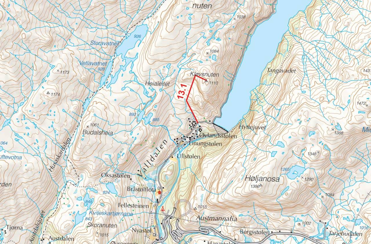 Kart over Kløvsnuten med inntegnet rute. Fra Toppturer i Sørvest.
