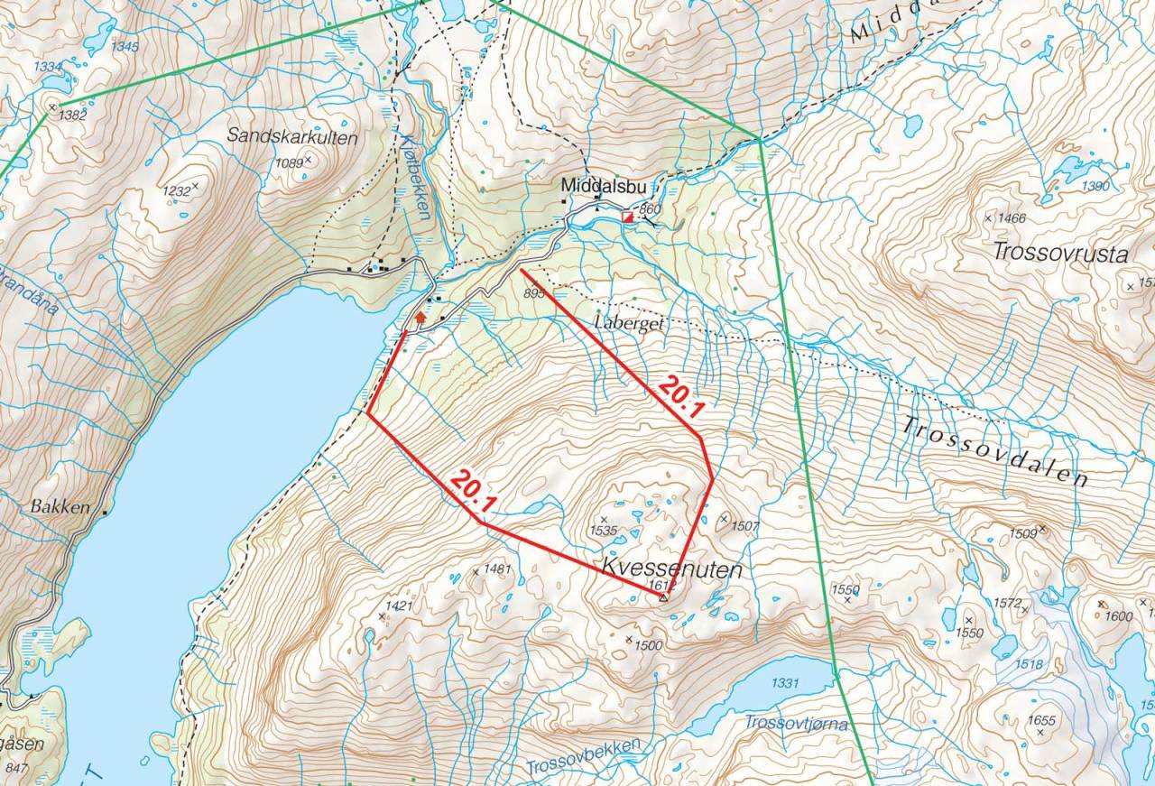 Kart over Kvessenuten med inntegnet rute. Fra Toppturer i Sørvest.